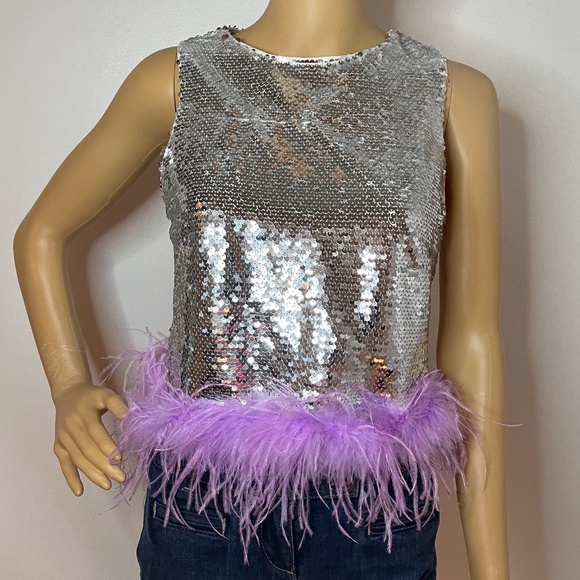 Lucy Paris Tops - Silver sequin sleeveless top w lavender ostrich!